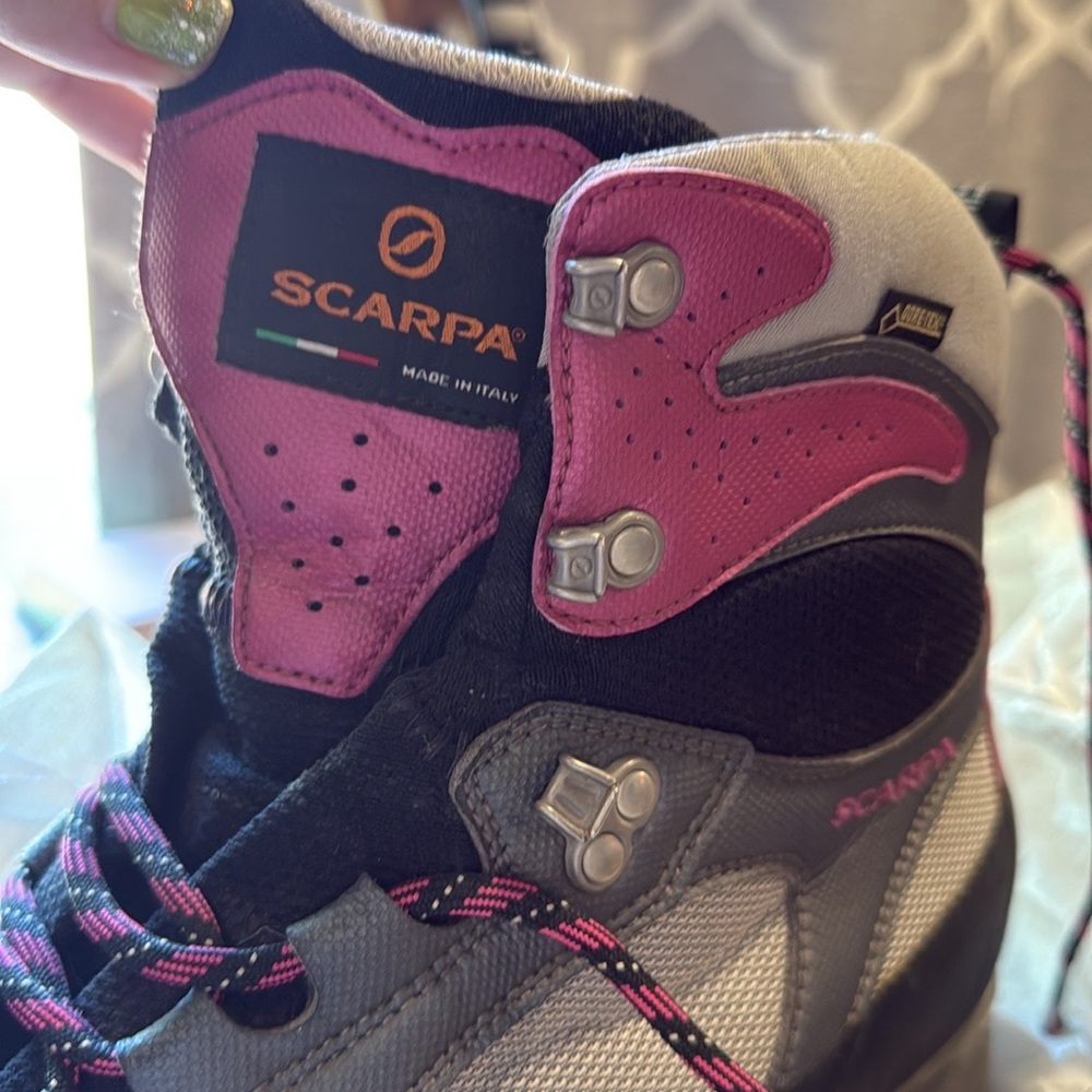 Womens Pink, Grey + Black Charmoz Pro Gore-Tex 9.5 Hiking Outdoor High Top Shoe - Picture 6 of 7